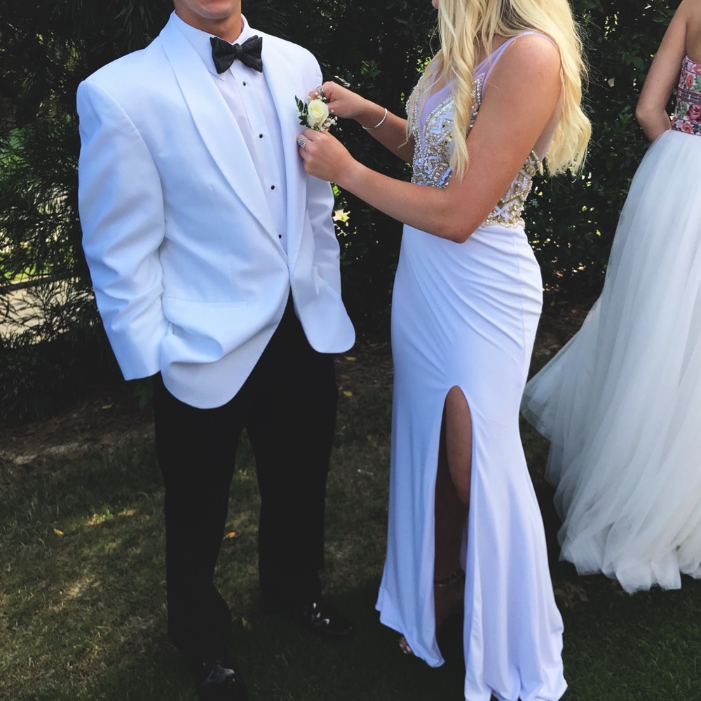 PromGirl white and gold prom dress
